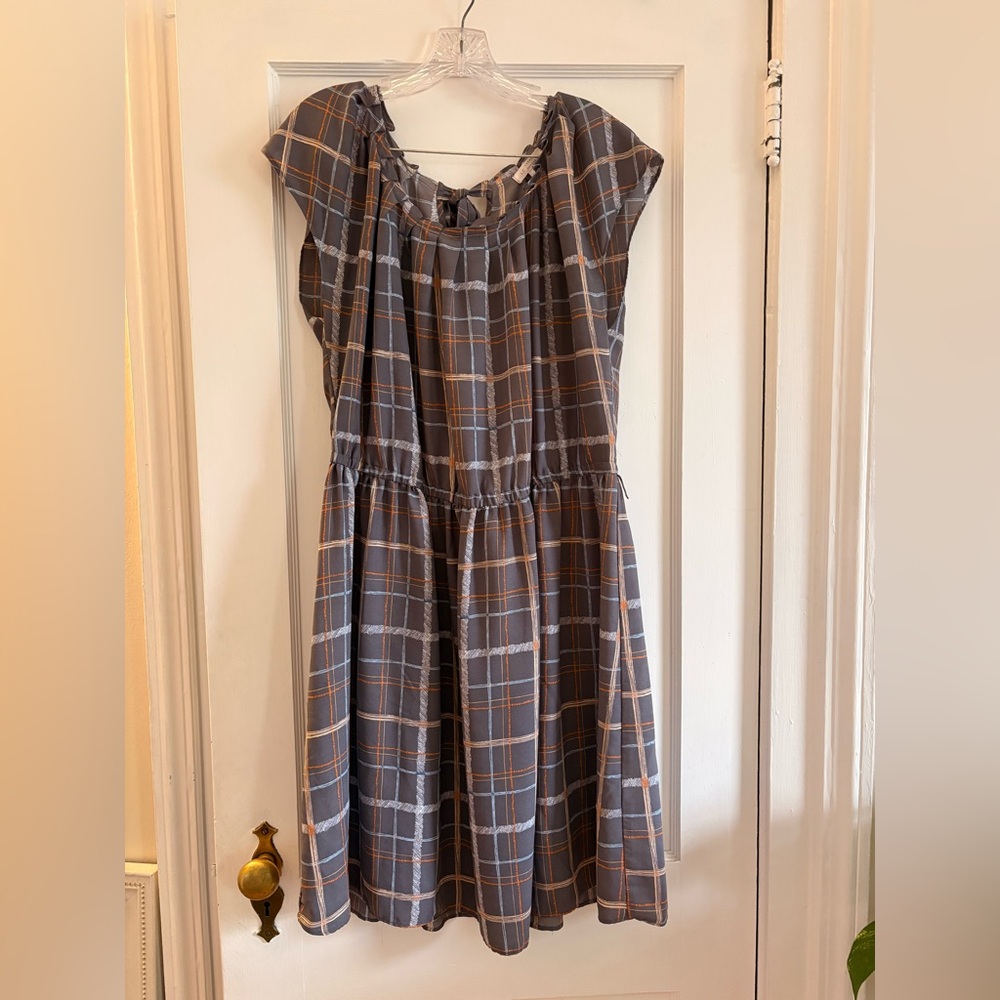 LC Lauren Conrad Gray Plaid Midi Dress with Tan & White Checks